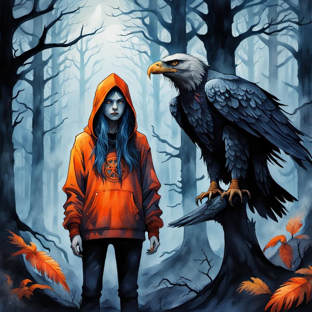 Gothic Witch and Eagle Watercolor Fantasy Art
