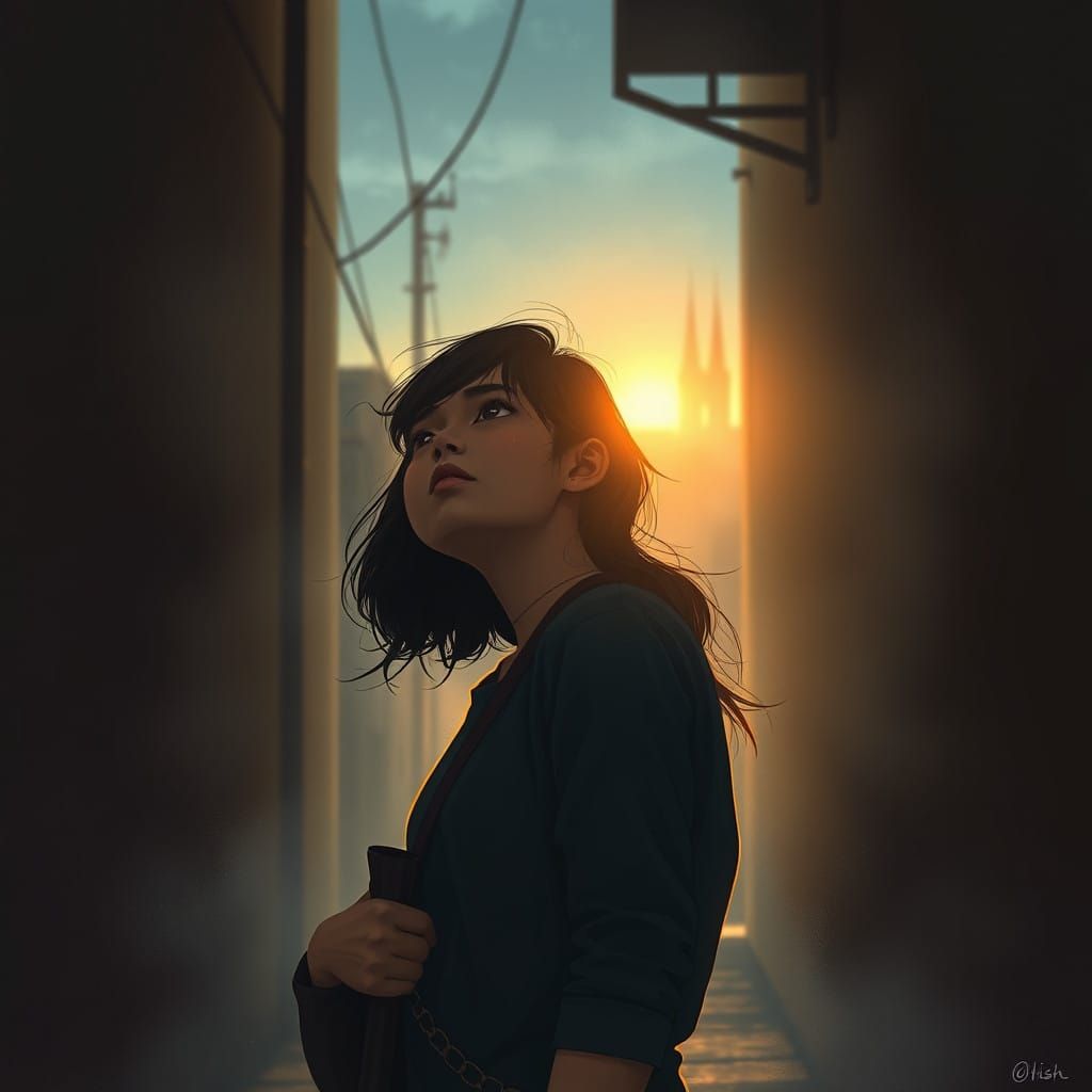 Young Woman Envisions Her Goals Amidst a Mystical Cityscape