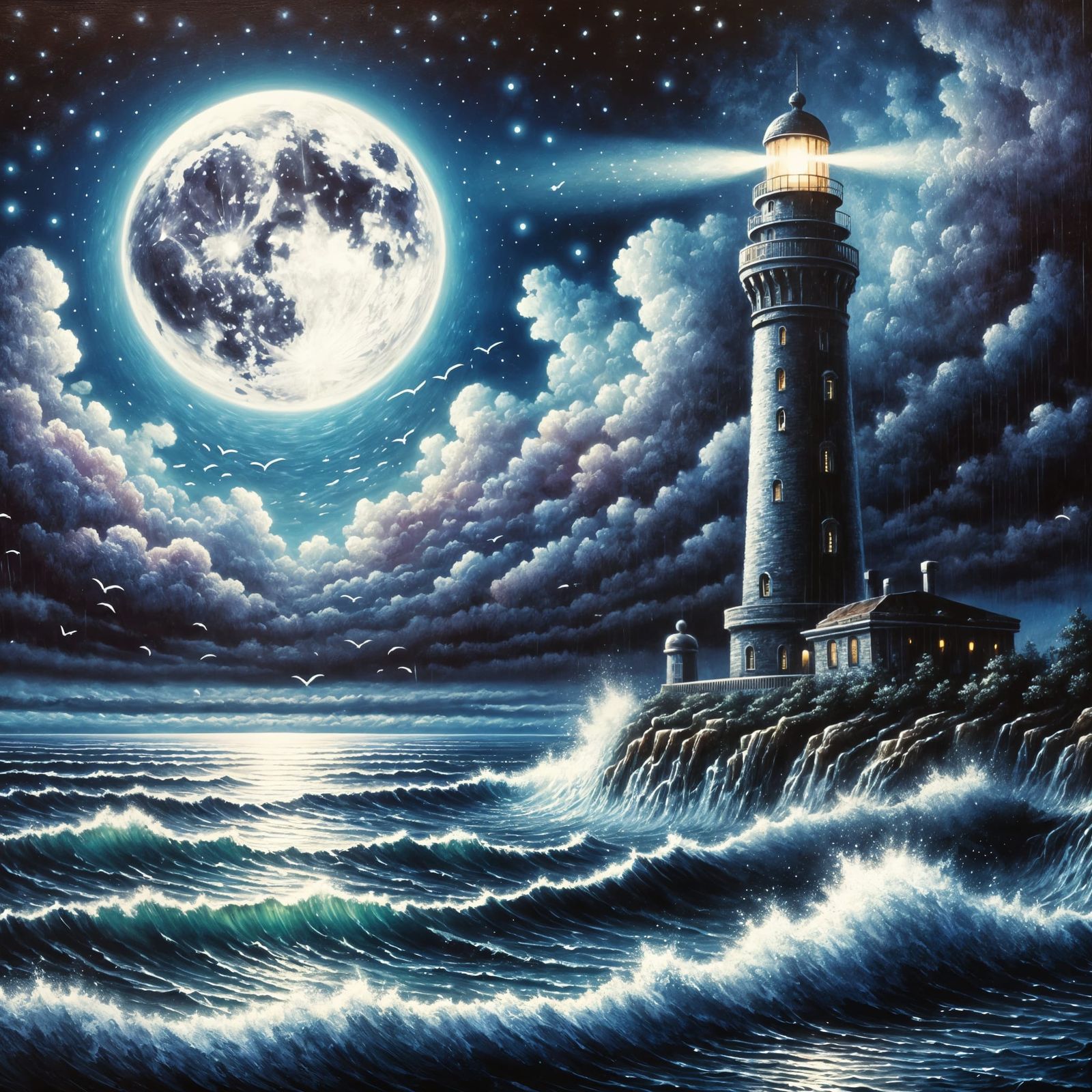 Lighthouse Illuminates Midnight Stormy Seascape in Vibrant O...