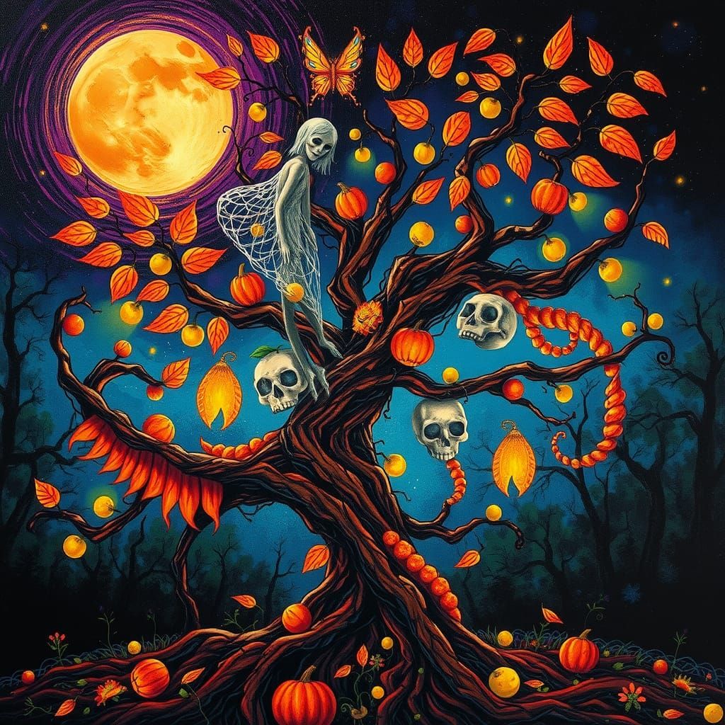 Dreamlike Halloween Tree with Sugar Skulls