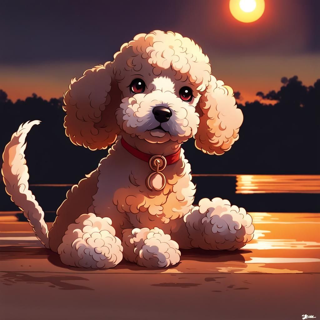 Poodle Puppy at Sunset in Anime Style