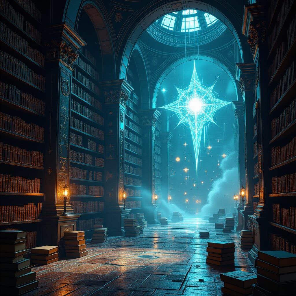 Ancient Library Floating in Cosmic Sound Void