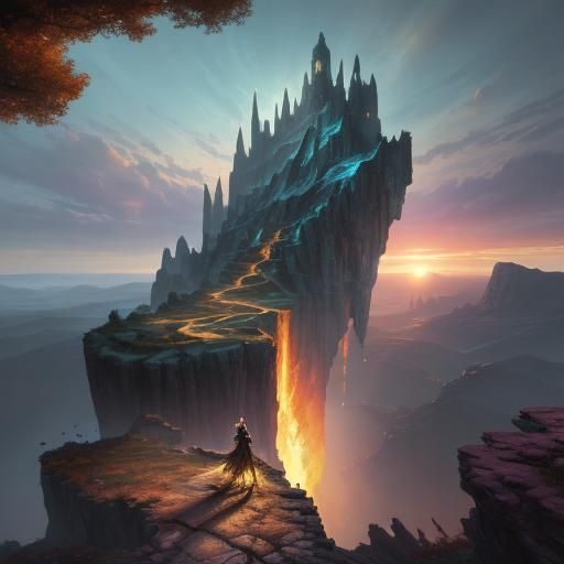 Sorceress Overlooking Mystical Realm in Oil Painting Style