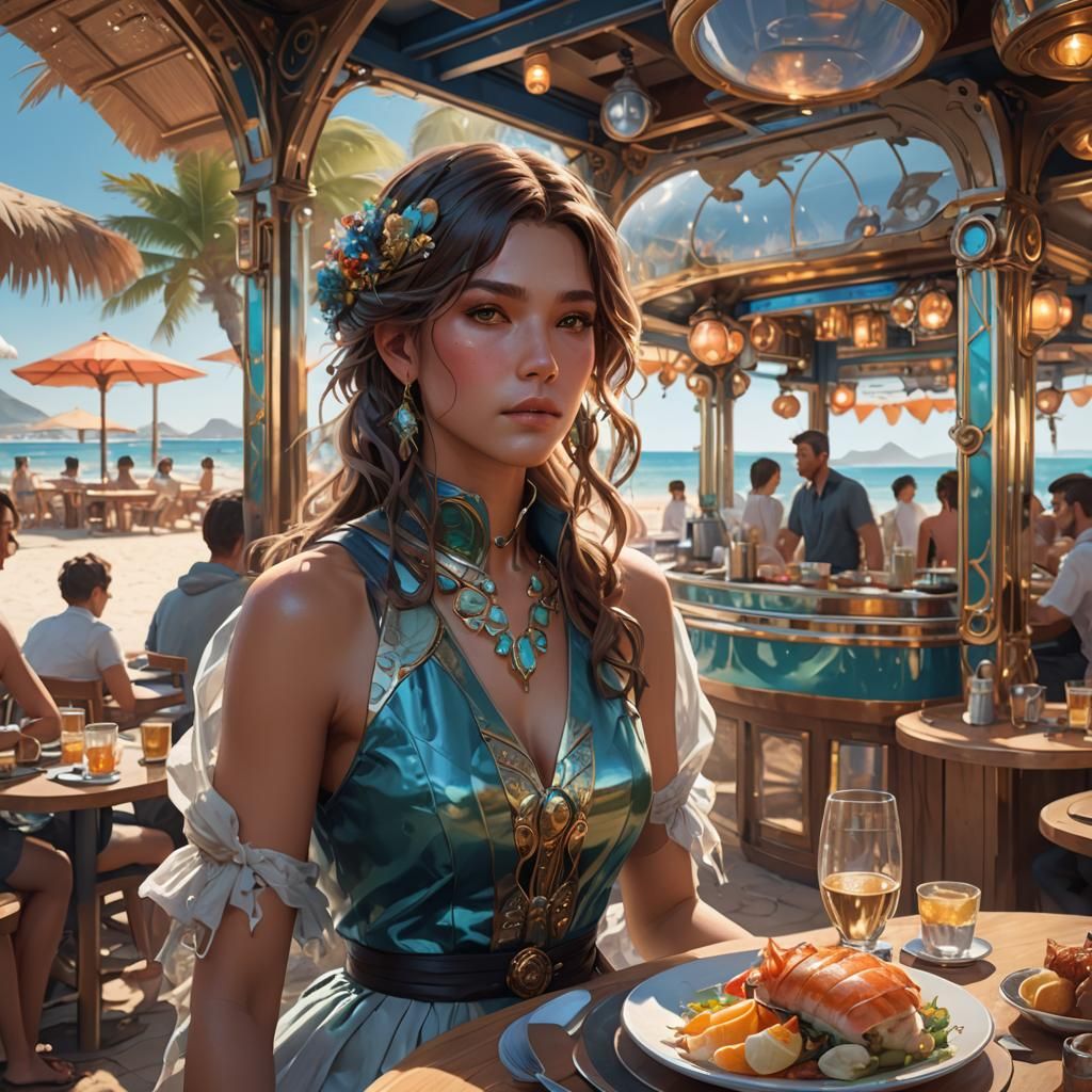 Futuristic Capsule Restaurant on a Beach, Digital Art