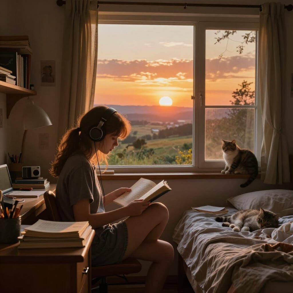 Girl Studying at Desk with Sunset and Cat