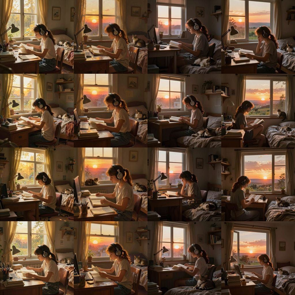 Girl Studying at Desk During Dramatic Sunset, Cat Resting