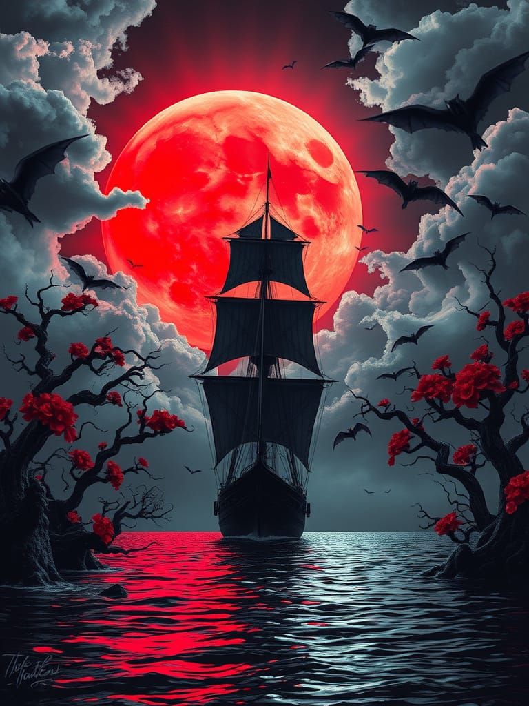 Viking Ship Under Red Moon in Dark Surrealist Style