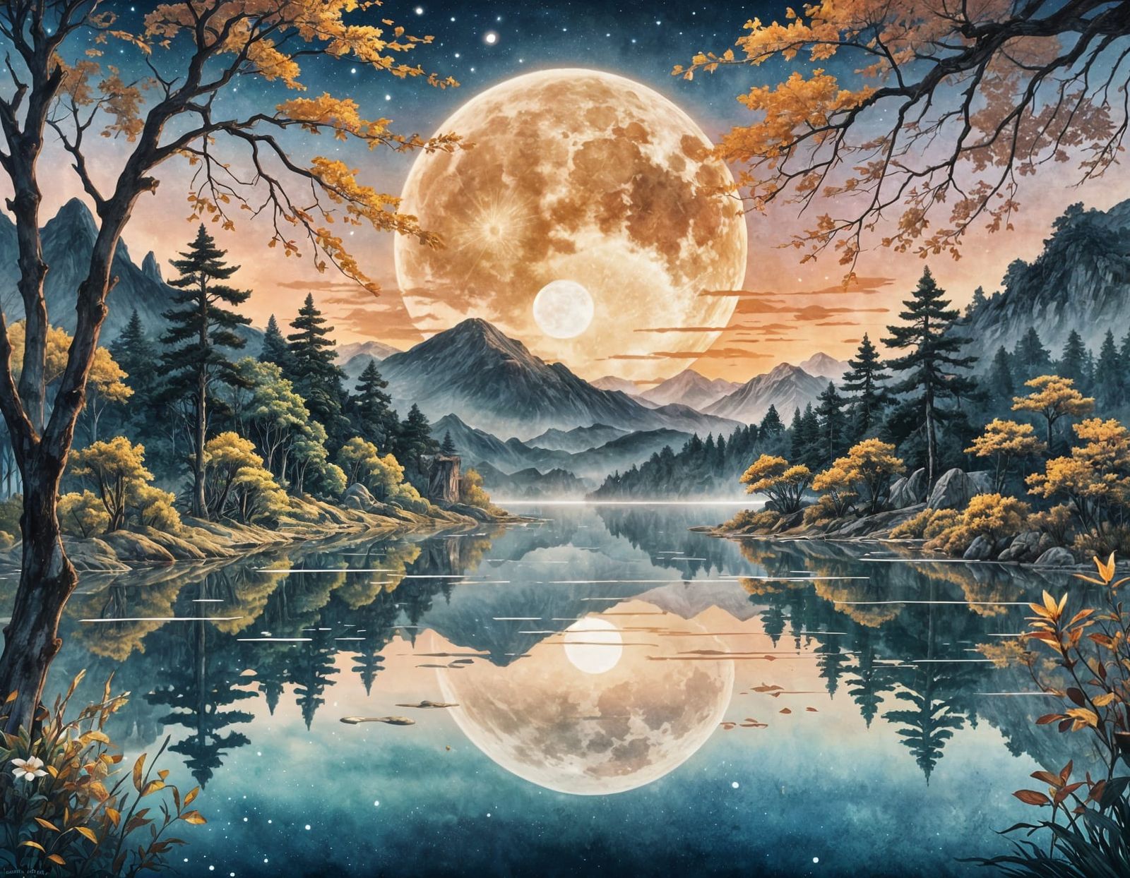 Full Moon Over Lake: Fantasy Art in Watercolor Style
