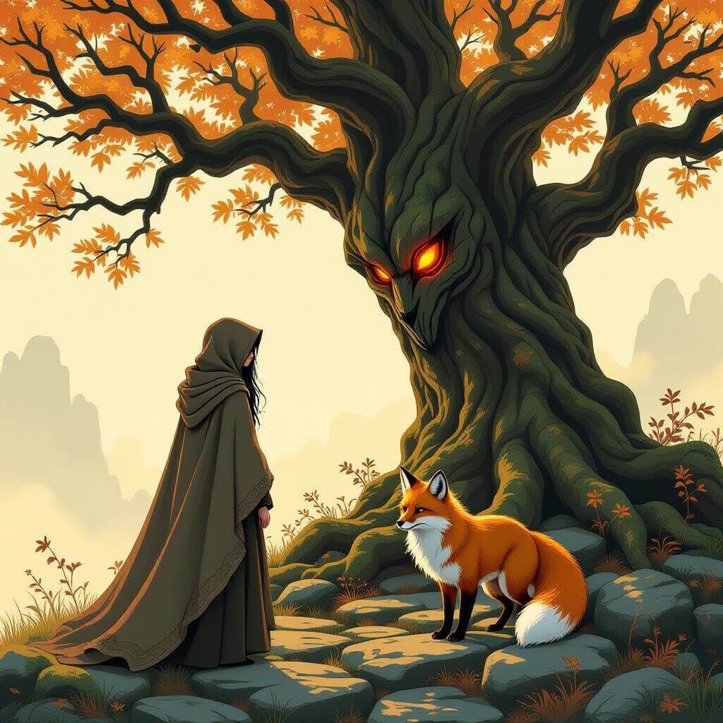 Elara and the Golden Fox Beneath Ancient Tree