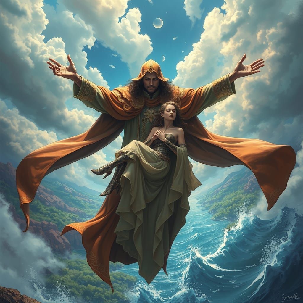 Sorcerer Carries Hero Through Breathtaking Landscapes