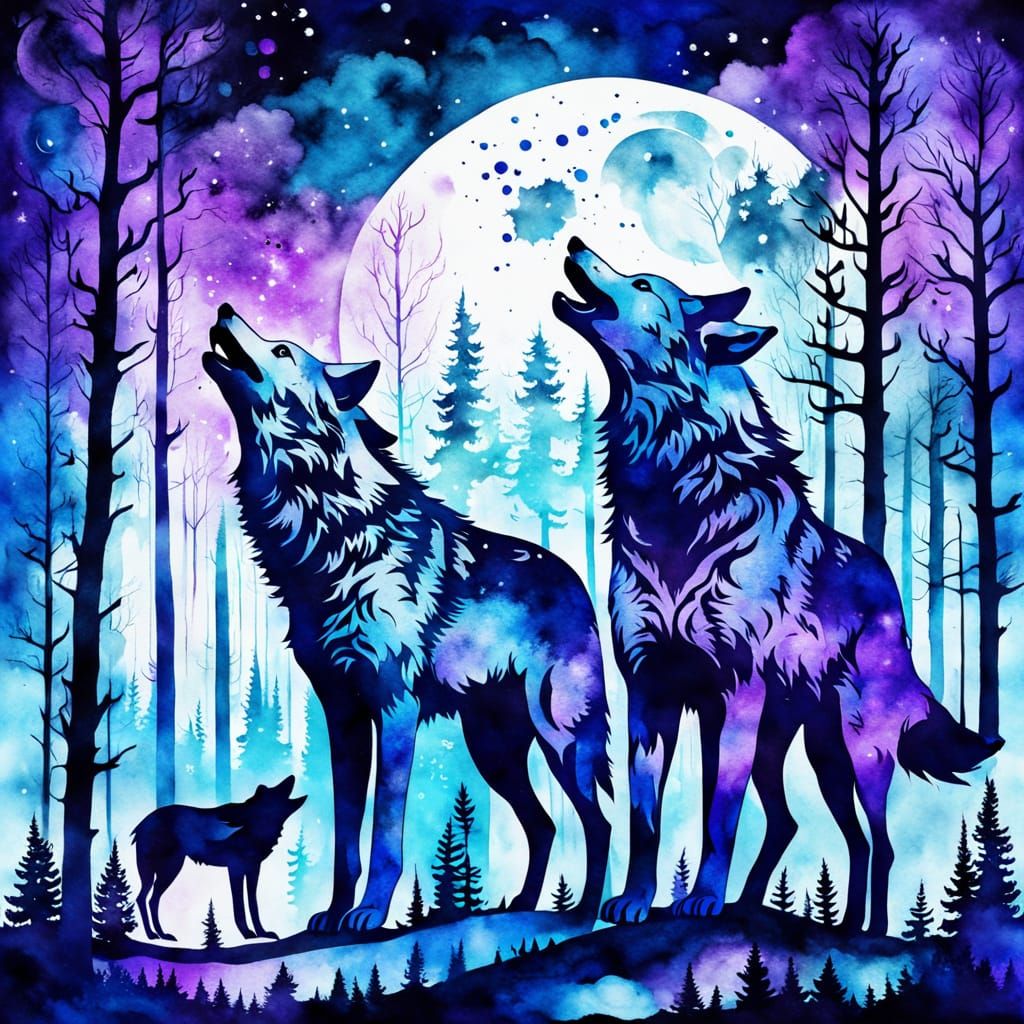 Surreal Double Exposure of Wolves Howling at Moon