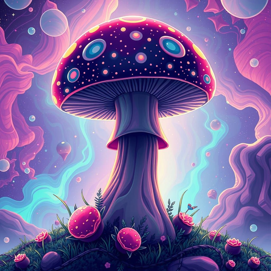 Psychedelic Mushroom in Vibrant Cel-Shaded Style