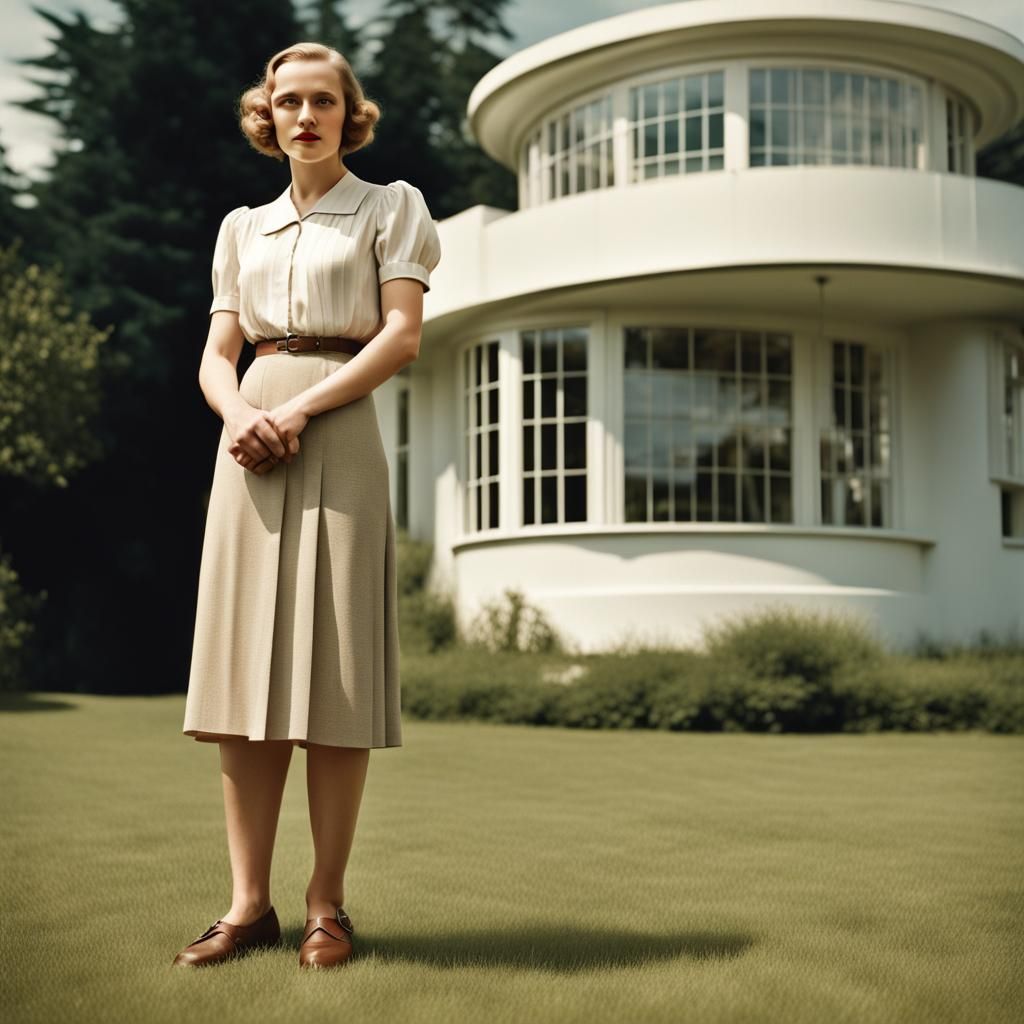 1930s Woman in Front of Art Deco House