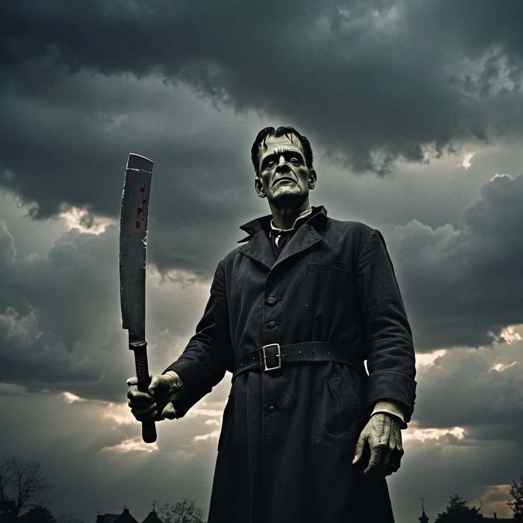 Frankenstein with Cleaver in Dark Film Noir Style