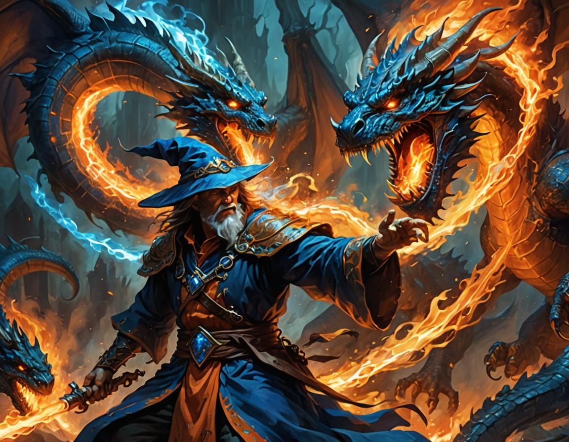 Wizard Battles Dragon in Dark Fantasy Art