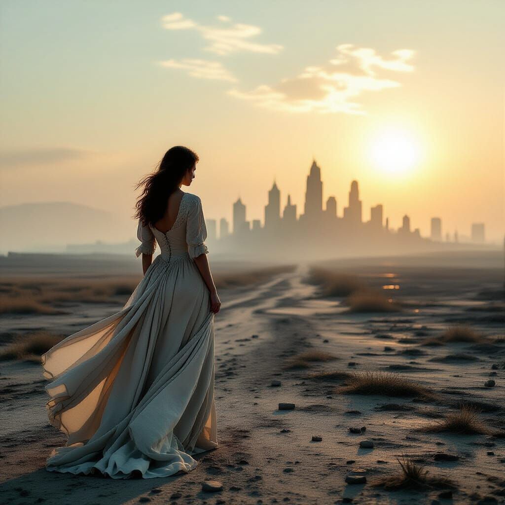 Lone Woman on Windswept Plain with Ruined City