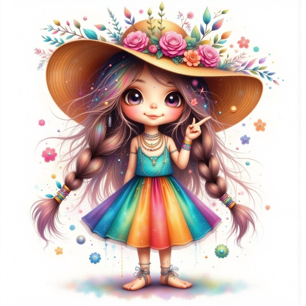 Whimsical Rainbow Goddess with Braids and Flower Crown
