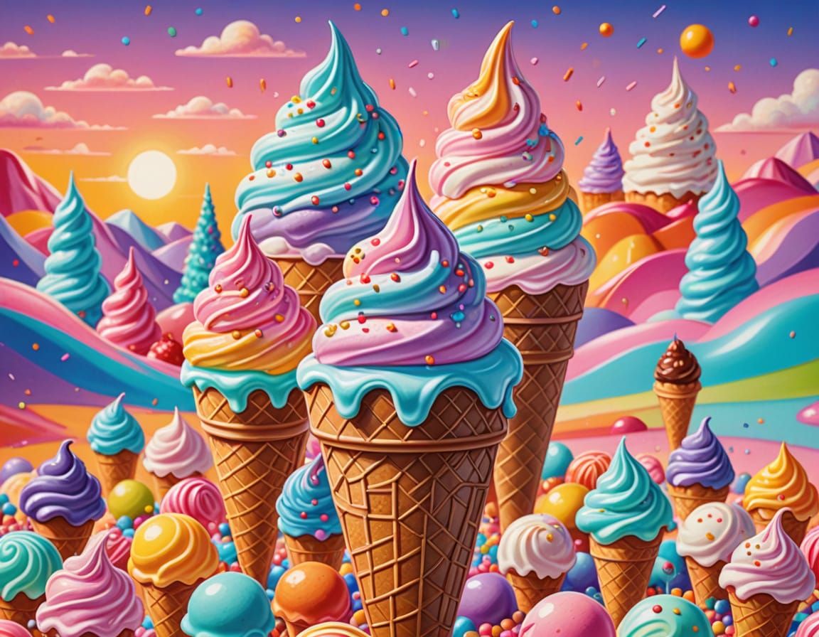 Whimsical Ice Cream Dessert Landscape in Pastel Art Style