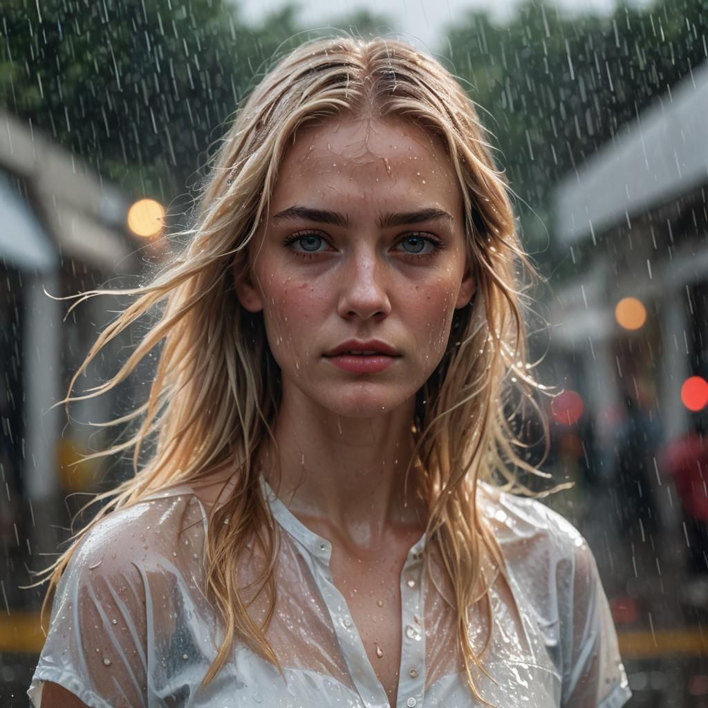 Woman in Rain, Hyperrealistic Splash Art