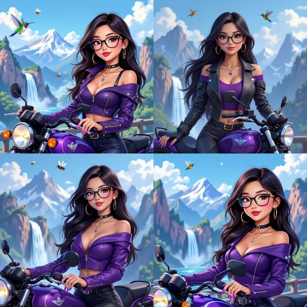 Animated Woman on Motorcycle Overlooking Waterfall