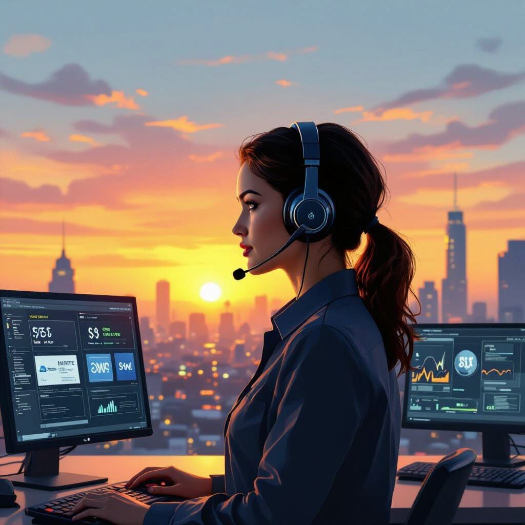 Sunrise Call Center: Retro-Futuristic Cityscape View