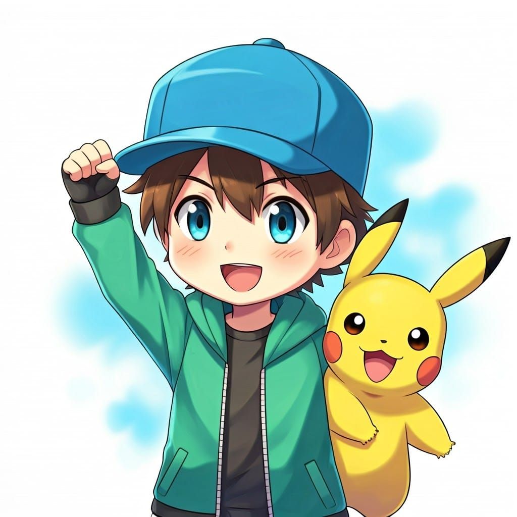 Chibi Pokémon Trainer Celebrates Victory with Pikachu