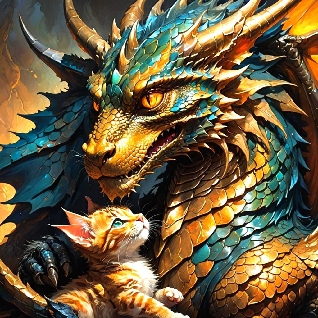 Dragon Cradling Kitten in Loving Embrace