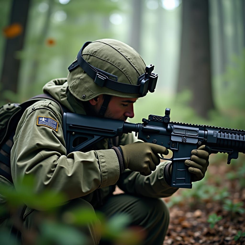 Marine Crouching in Woodland Camouflage