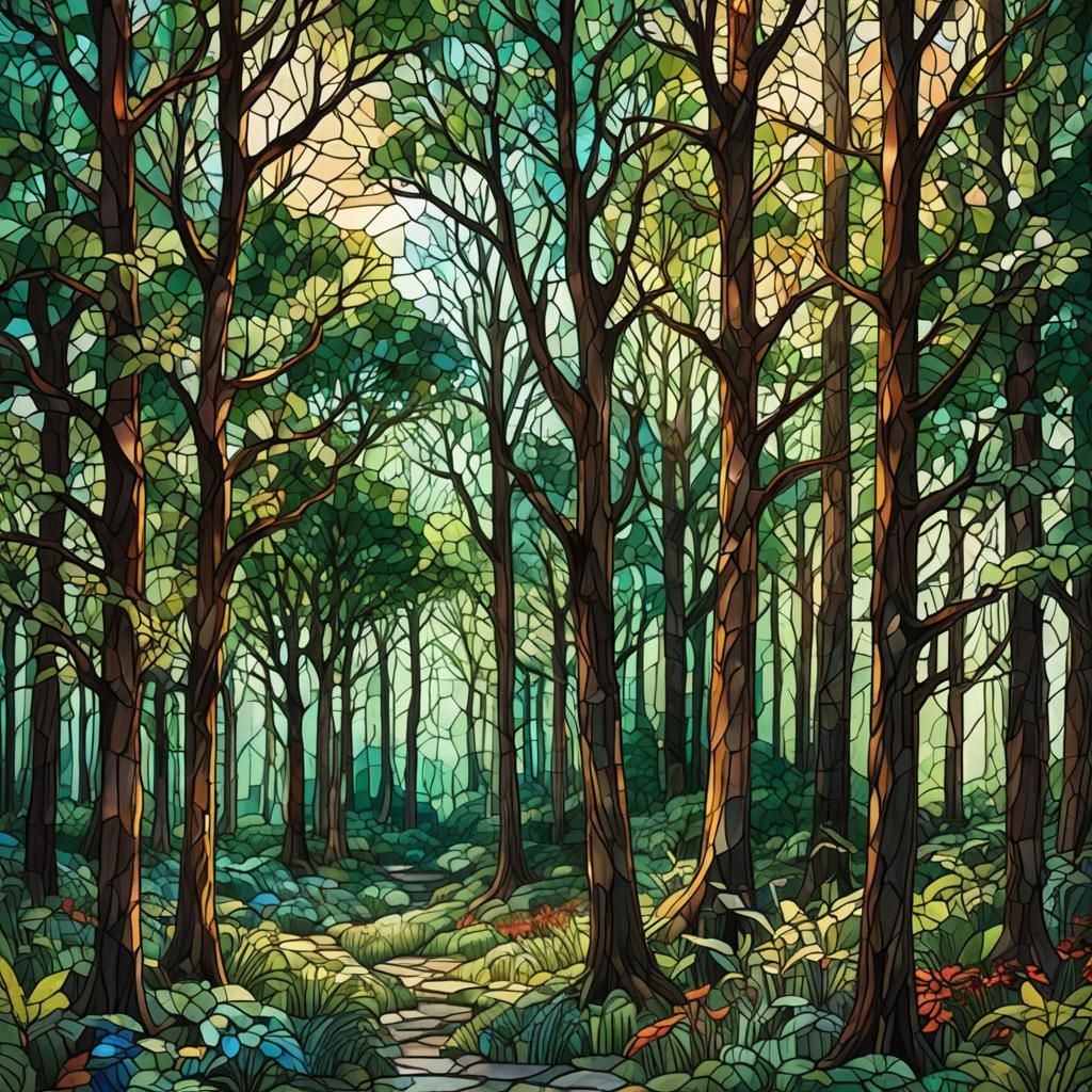 Stained Glass Forest: Hyperdetailed Colorful Illustration