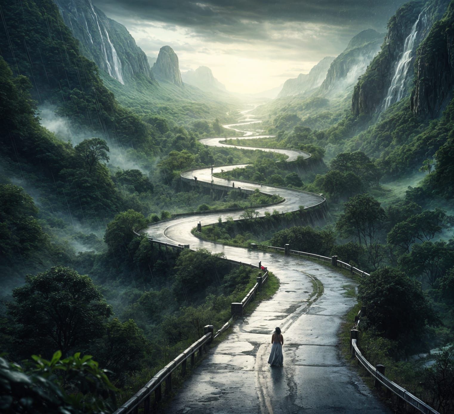 Winding Road to a Mysterious Door in a Stormy Night