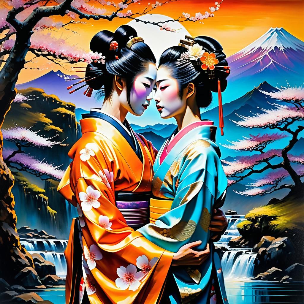 Geisha and Samurai Embrace in Double Exposure Portrait