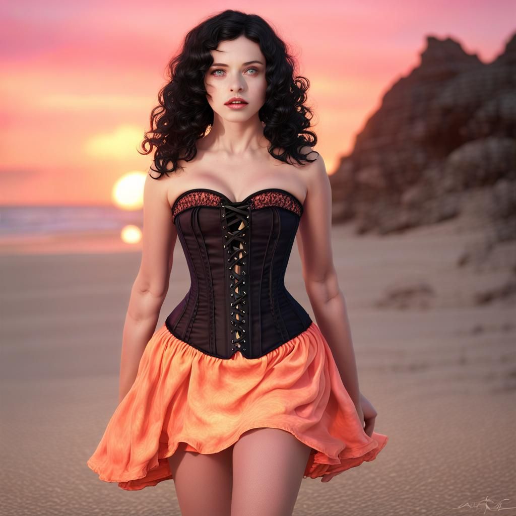 Fantasy Summer Witch on Beach at Sunset