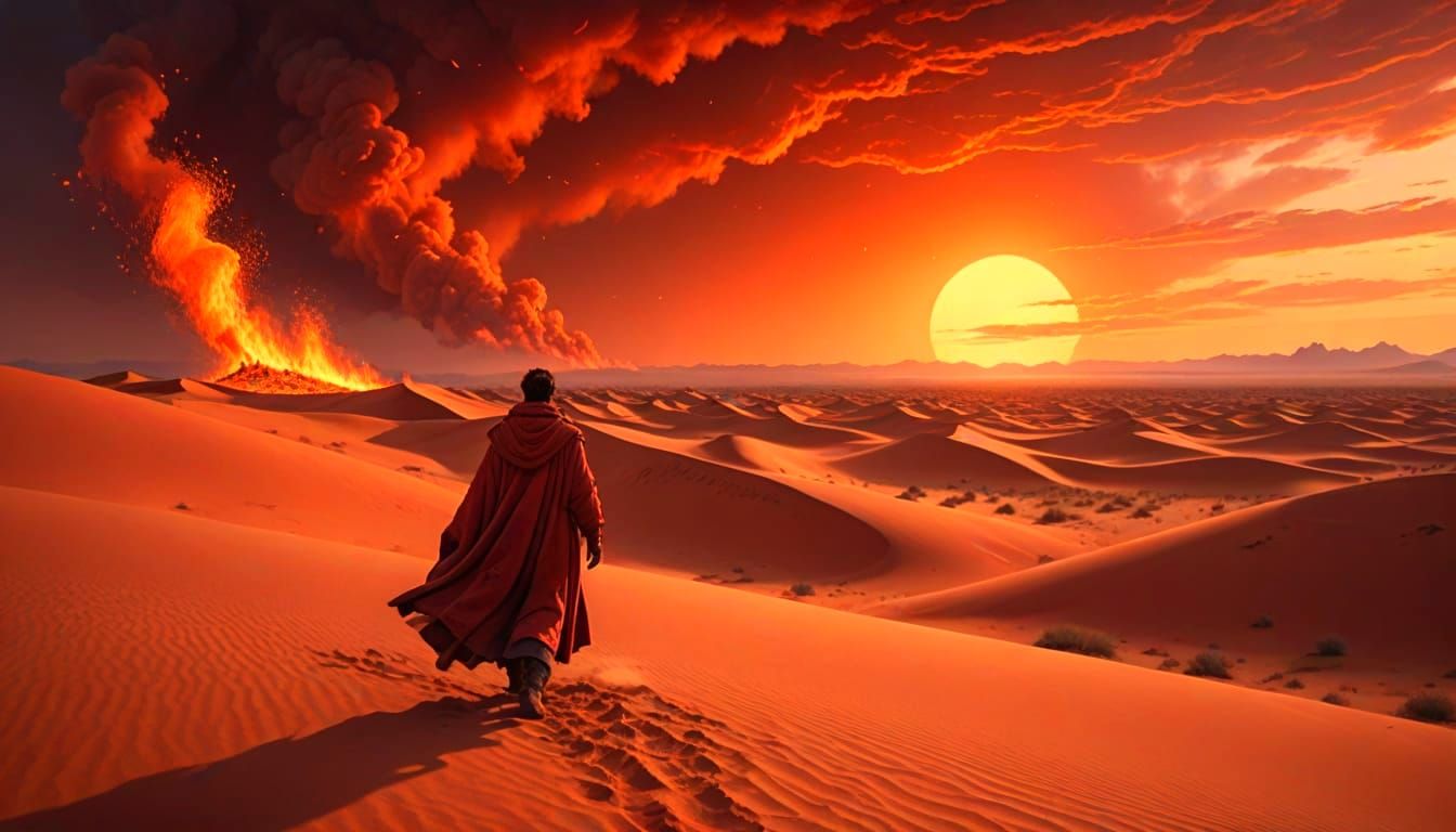 Fire Red Desert Wanderer in Digital Matte Painting
