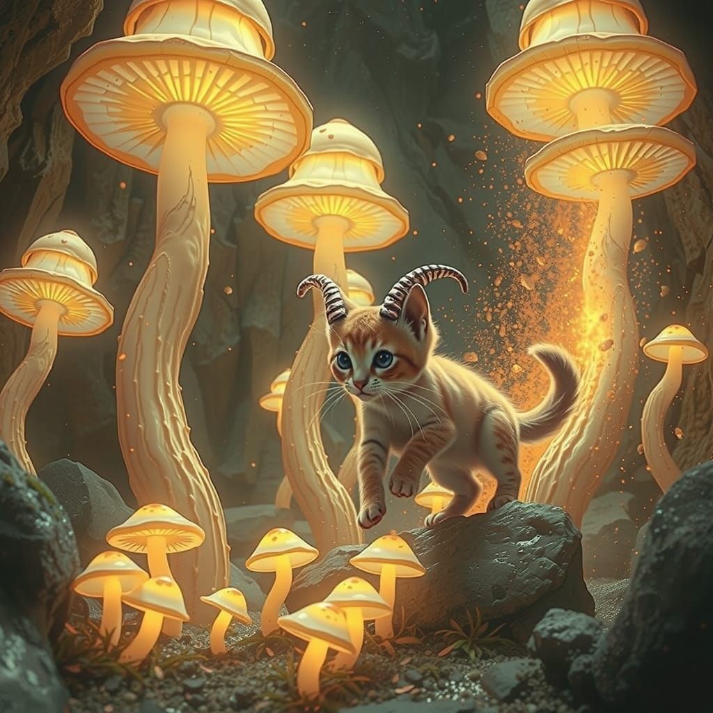Luminous Feline Dreamer in a Crystal Cavern