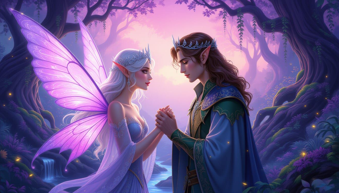 Faerie and Elf Prince in Enchanted Forest Love