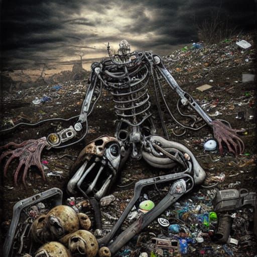 Dystopian Cyborg in Garbage Dump, Mixed Media Art