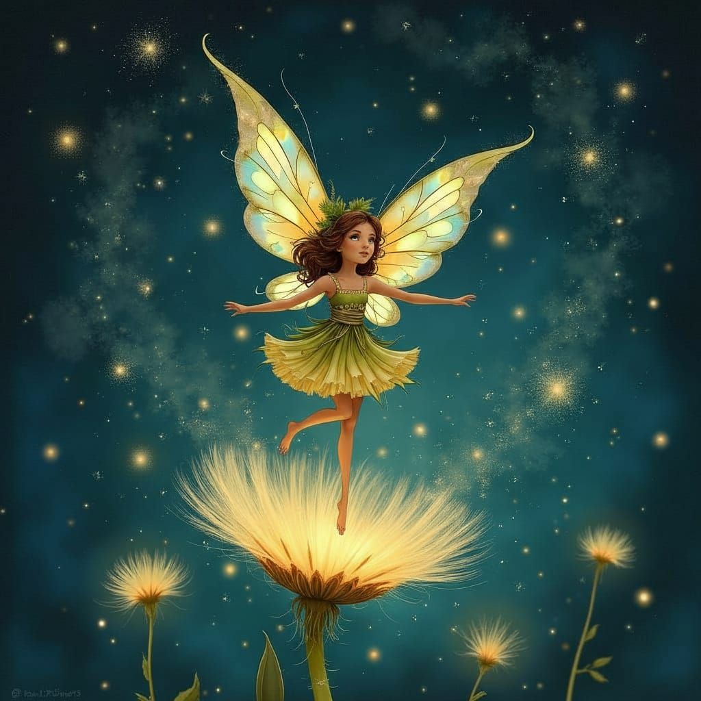Forest Sprite Dancing on Dandelion Seed Amidst Stardust