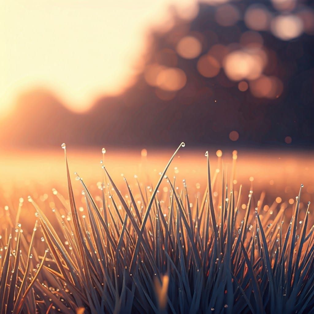 Pastel Dewdrops on Grass at Sunrise