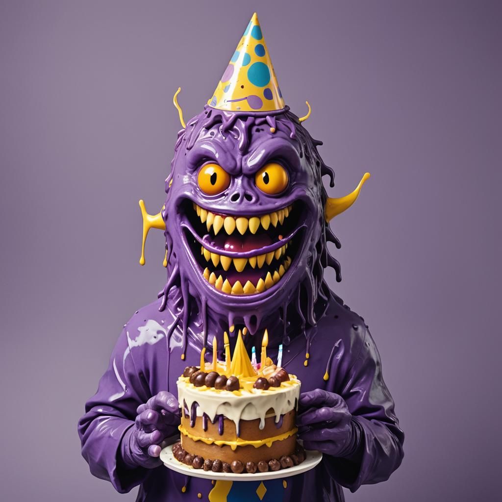 Purple Slime Monster Boy Celebrates Birthday