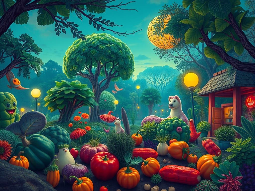 Surreal Xenon-Lit Zoo of Vegetables in Dreamlike Atmosphere