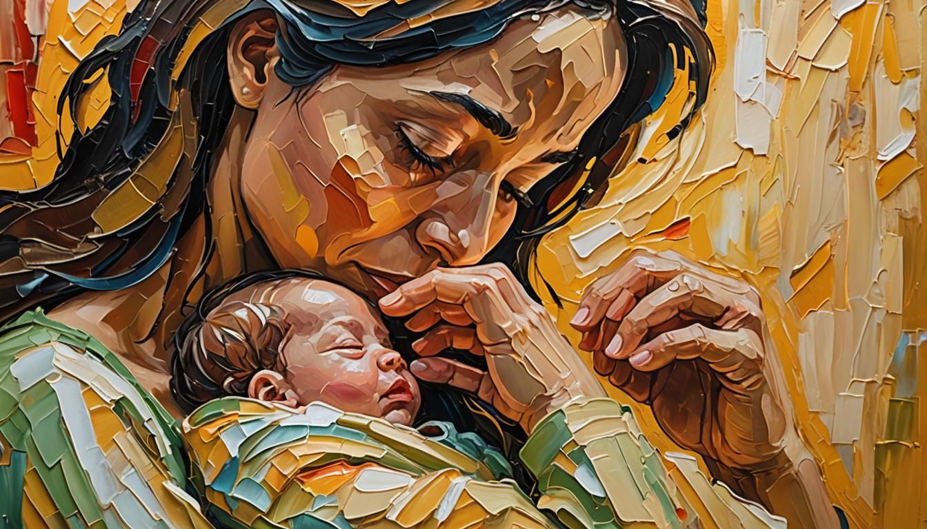 Mother and Newborn in Neo-Impressionist Oil Painting