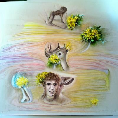 Pastel Faun with Dandelions and Yellow Flowers