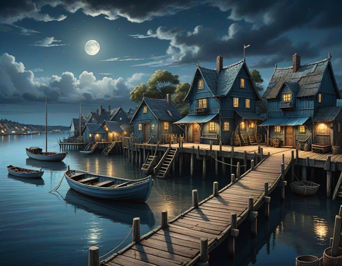 Moonlit Shanty Town Pier Scene in Hyper-Realistic Digital Ar...