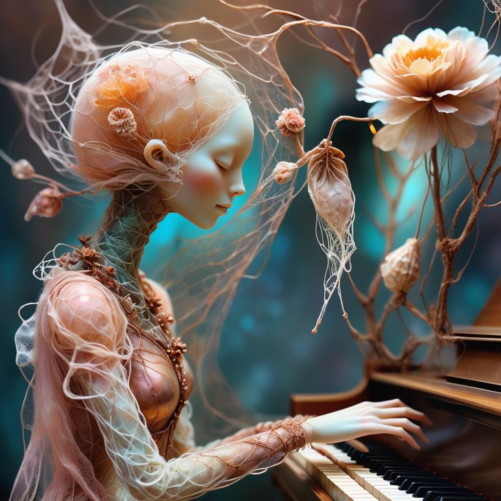 Magical Wool Creature Plays Piano: Digital Concept Art