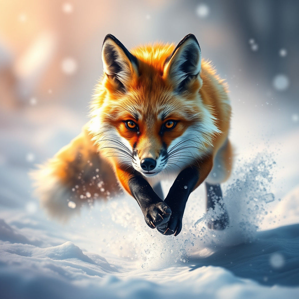 Arctic Fox Running Through Snow: Hyperrealistic Splash Art