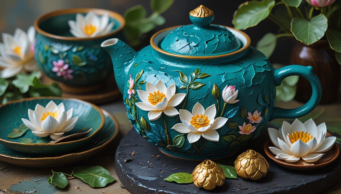 Vibrant East Asian Tea Set: An Impasto Oil Painting