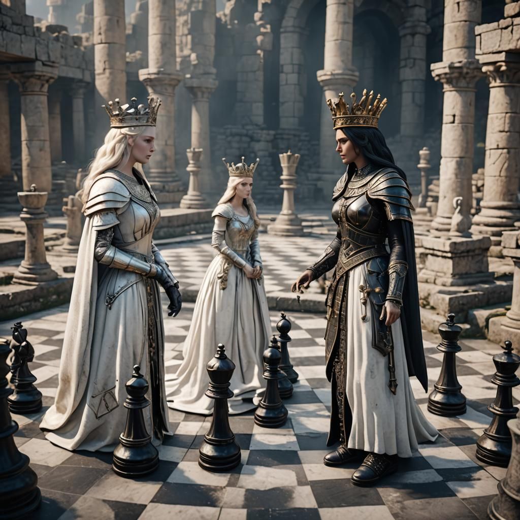 Chess Game Face-Off in Grecian Ruins