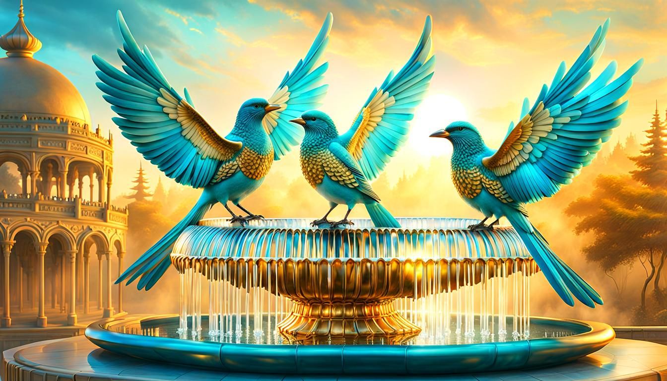 Crystal Bird Fountain in Castle Courtyard, 3D Art