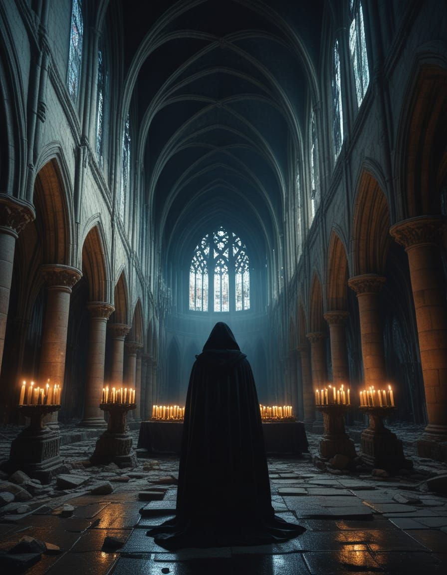 Gothic Figure in Ruined Cathedral: Cinematic Still