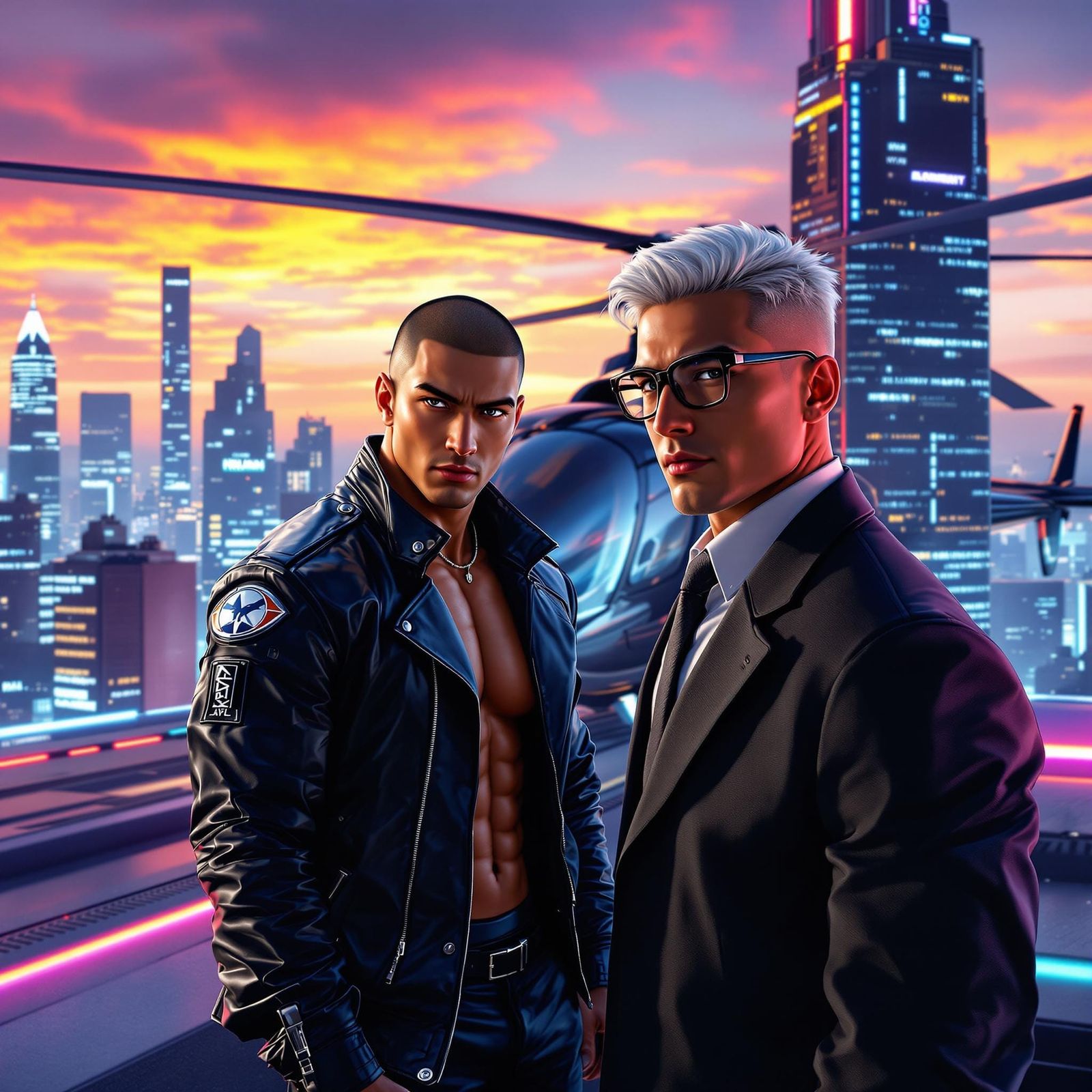 Futuristic Rooftop Rendezvous in Synthwave Style